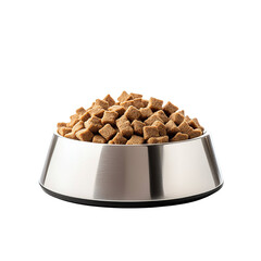 Dog food bowl filled with kibble on white isolated background.