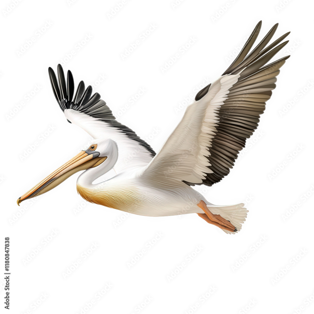 Poster a pelican in flight. showcasing its large wingspan and distinctive features such as a long bill and 