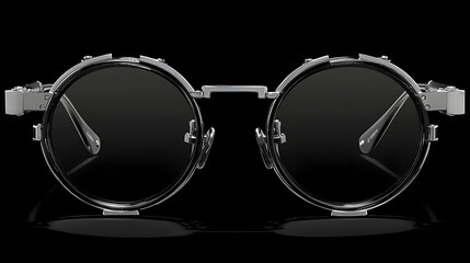 Stylish silver round sunglasses, dark lenses, black background, product shot, eyewear advertising.