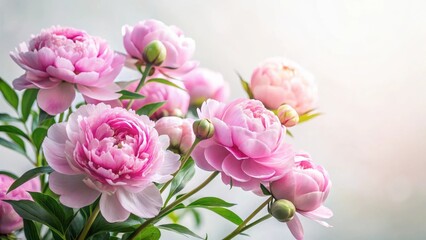 Delicate pink peonies on a soft white background, lush greenery and slender stems , nature, summer