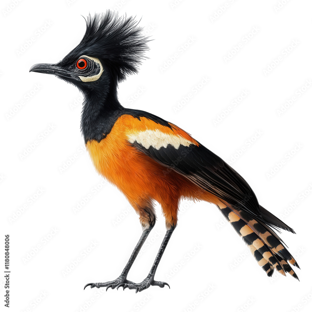 Poster a colorful bird with a striking black and orange plumage. featuring a distinctive crest and vivid re
