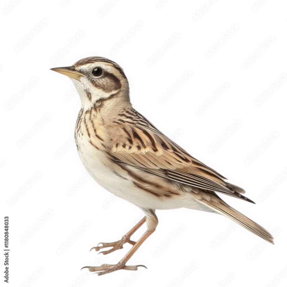 Poster side profile of a small bird with a slender body. brown and white plumage. and distinct markings on 