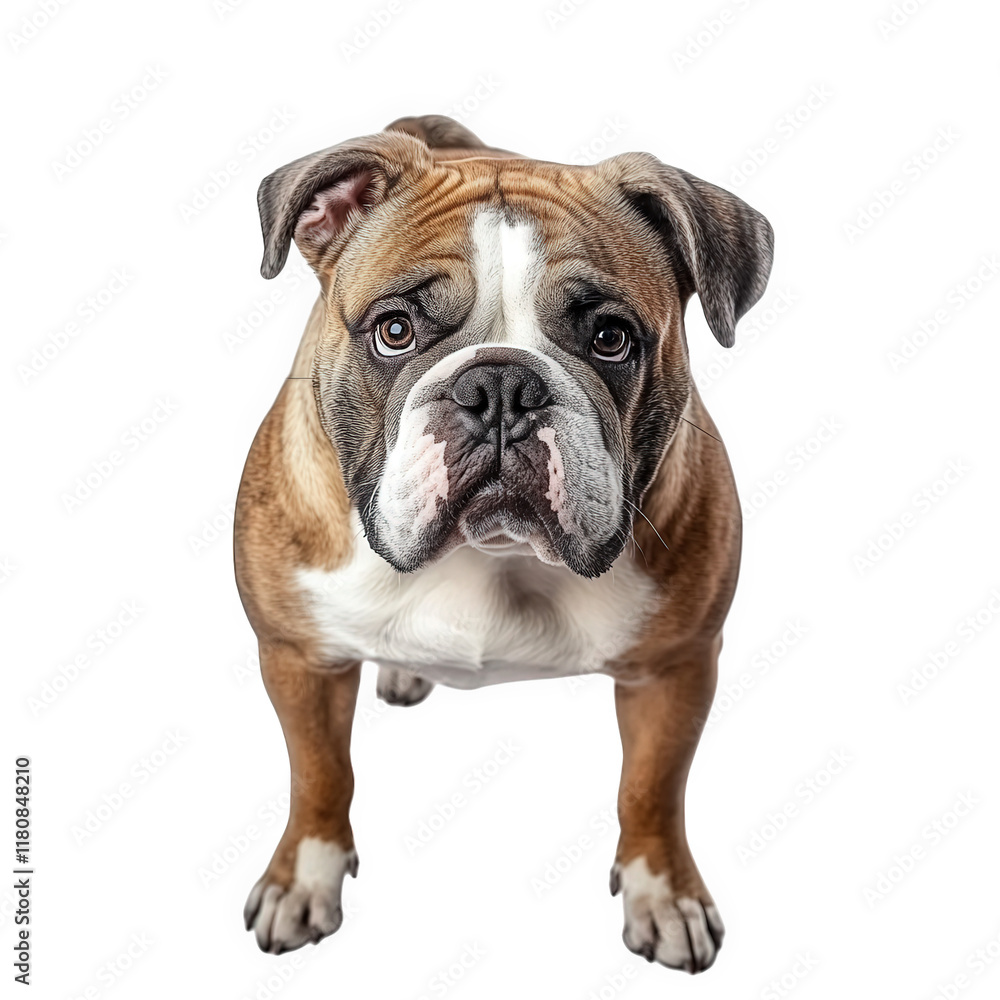 Poster a bulldog standing against a white background. showcasing its distinctive features. including a wrin