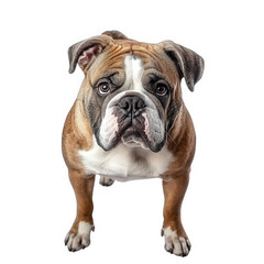 Fototapeta premium a bulldog standing against a white background. showcasing its distinctive features. including a wrinkled face and muscular build the dog appears alert and friendly. making it an appealing subject for