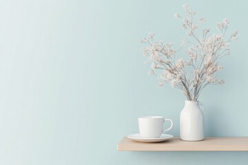 Minimalist Shelf Decor with White Vase, Dried Flowers, and Coffee Cup on Blue Background