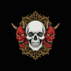 A human skull is centrally positioned flanked by two red oni masks within an ornate golden frame.