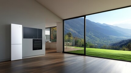 Fototapeta premium Modern interior with a view of mountains and greenery through large windows.