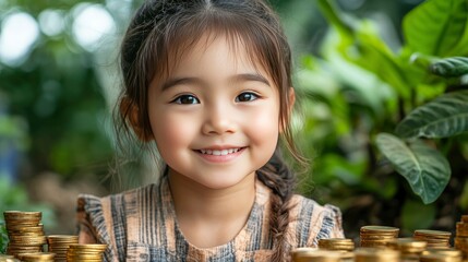 Fototapeta premium Happy Little Girl with Stacks of Gold Coins in a Lush Green Garden