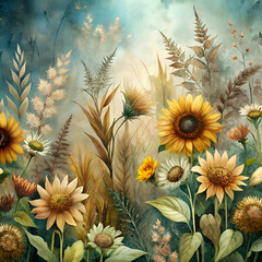 Sunflowers in a Meadow. A Vibrant Floral Painting