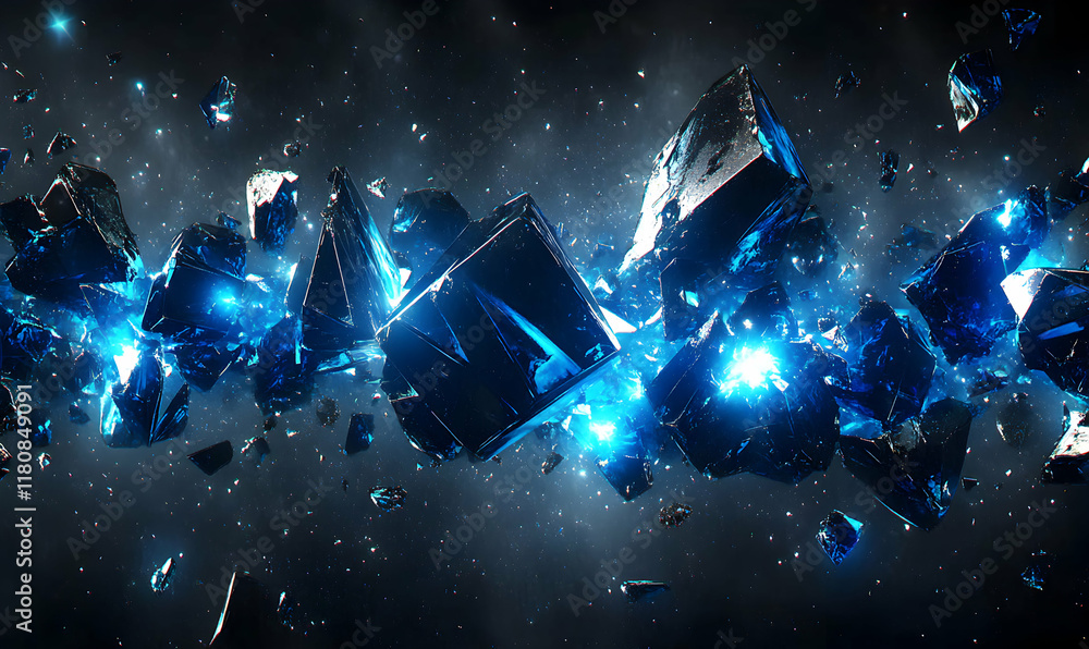 Poster glowing blue crystals explode in a dark space, creating a dynamic and abstract image. perfect for fu