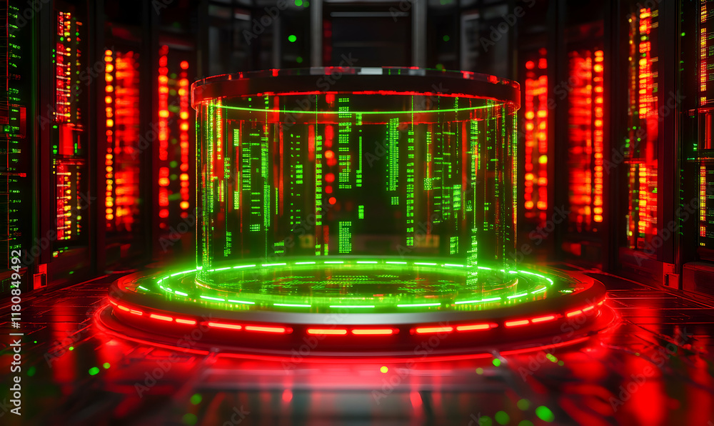 Poster futuristic server room with glowing green code inside a glass cylinder on a red illuminated platform