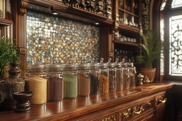 Fototapeta premium Warm Cozy Vintage Kitchen A Traditional Spice Setup in a Rustic, Elegant Setting Discover the beauty of antique spice jars filled with aromatic herbs and spices, creating a nostalgic and inviting
