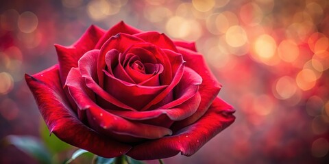 A single deep red rose blossoms against a soft, warm bokeh background.