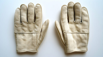Beige cotton work gloves, flat lay, white background, studio shot, safety apparel.