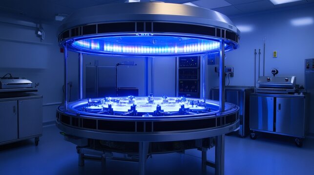 High-tech sterilization chamber with glowing plasma fields and autonomous disinfection drones
