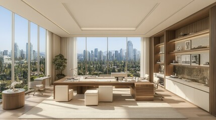 Fototapeta premium Modern Executive Office with City Skyline View