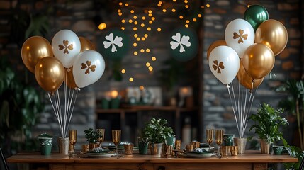 Green and gold St Patricks Day party props including balloons, streamers, and table decorations for a festive atmosphere