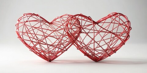 Interconnected red heart-shaped structures made of metal wire