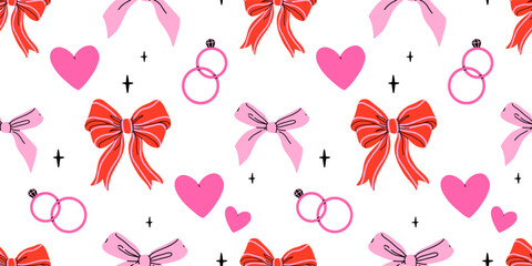 Valentines day elements vector seamless pattern. Gifts, envelope, heart, dessert, messages, candies, locks and other traditional decorations. Cartoon doodle style.