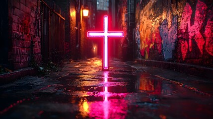 Glowing Neon Cross in Moody Urban Alley Vibrant Reflection on Wet Pavement and Graffiti Walls