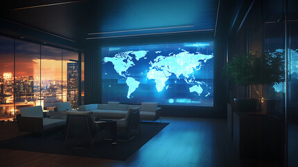 modern office lounge area with futuristic world map display on wall, overlooking cityscape at dusk. room features sleek furniture and ambient lighting, creating visionary atmosphere
