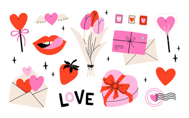 Valentine's Day set with heart and other elements on a white background. Valentine's day, wedding and love concept. Vector illustrations