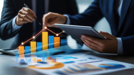 Business analysis: two adults collaborating on financial growth with digital tablet and graphs