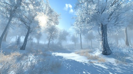 Snowy forest path, winter sunlight, misty background, nature scene