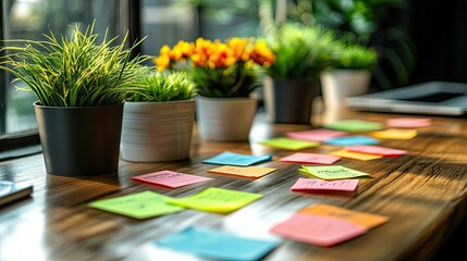 Colorful sticky notes and potted plants on a wooden desk