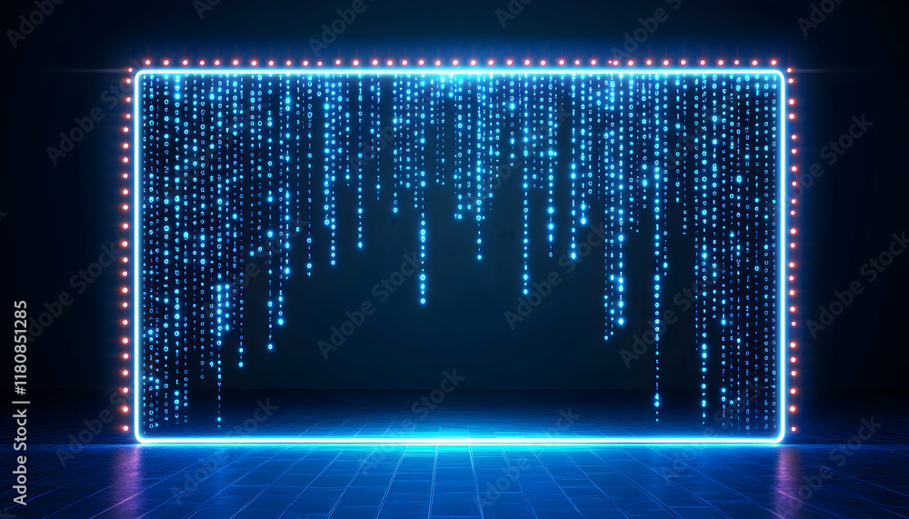 Poster futuristic digital rain binary code neon glowing screen backdrop. perfect for technology, data, and 