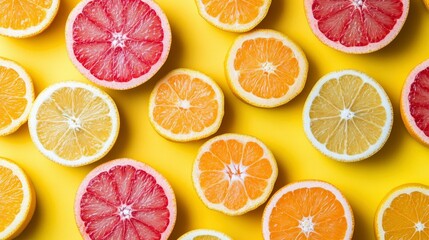 Obraz premium Vibrant Citrus Fruit Slices on Yellow Background