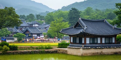 Obraz premium Scenic view of traditional architecture near a tranquil pond in a historical setting.