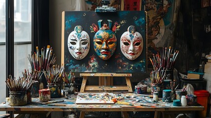 Intricate Traditional Chinese Opera Mask Painting Station with Colorful Designs