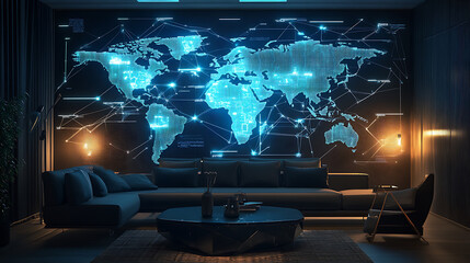 Fototapeta premium glowing abstract world map illuminates modern living room, creating futuristic ambiance. digital connections and blue hues add tech inspired touch to cozy space