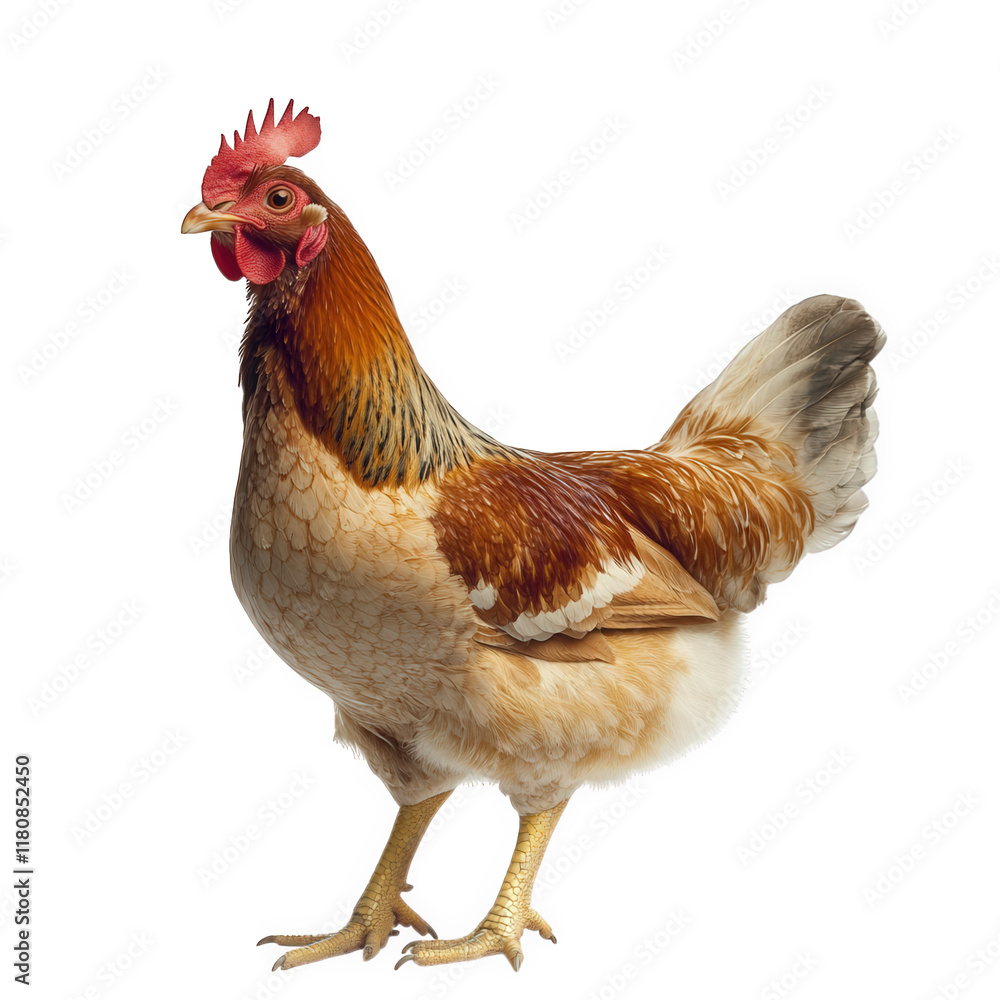 Poster standing chicken with a vibrant plumage. showcasing its distinct colors and features. including a re