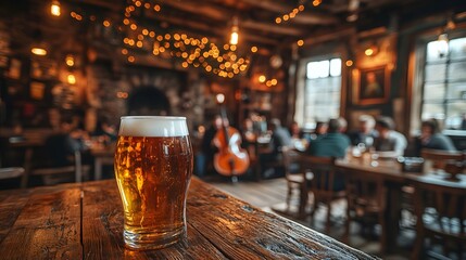 A rustic wooden table with glasses of beer and Irish folk musicians in the background, creating a fun and festive atmosphere