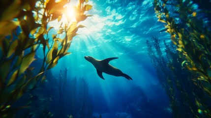 Obraz premium A serene underwater scene featuring a sea lion swimming through kelp in sunlit waters.