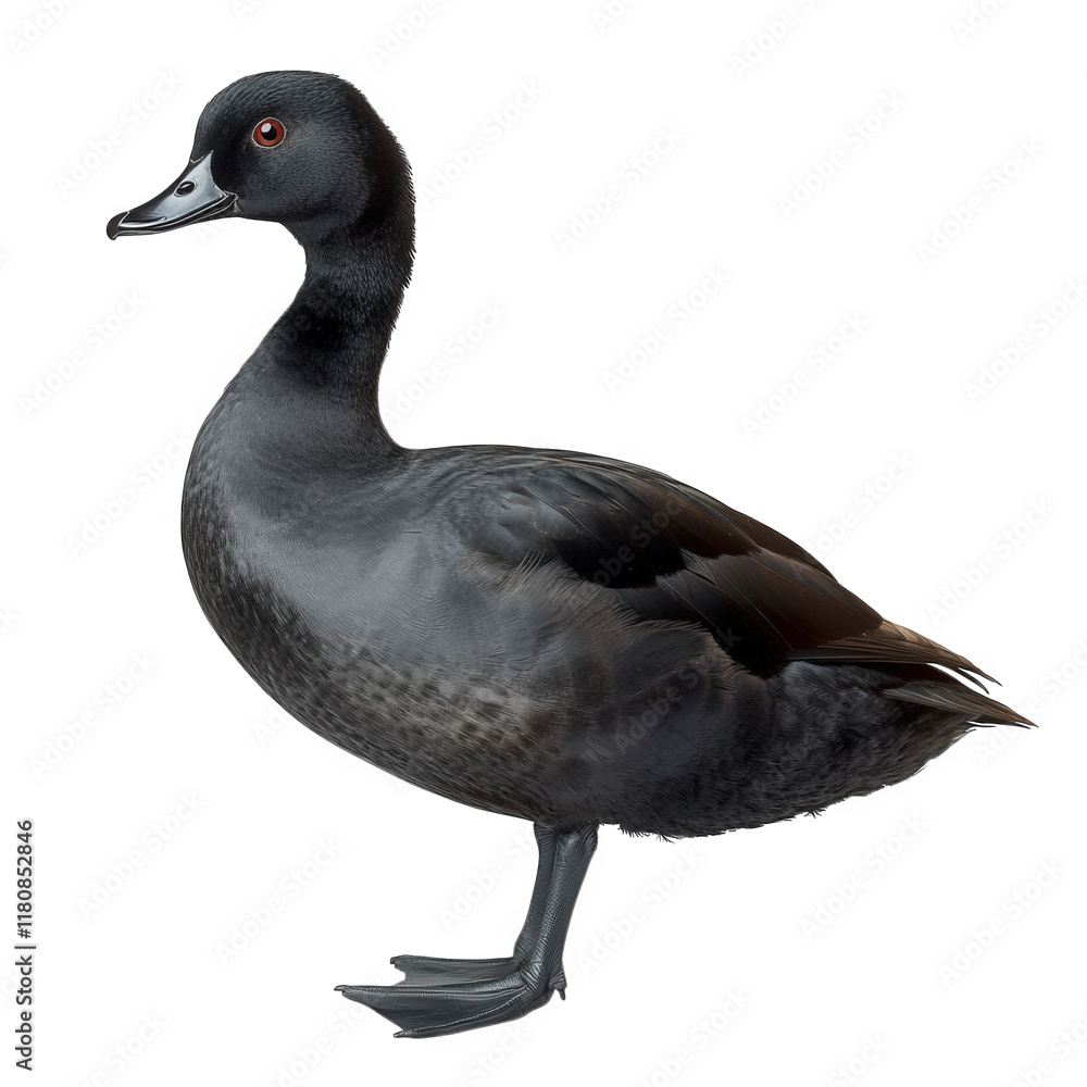 Poster black duck standing upright against a white background. showcasing its sleek plumage and distinctive