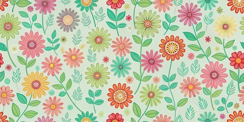 Vibrant Floral Pattern with Diverse Blooms and Lush Green Foliage