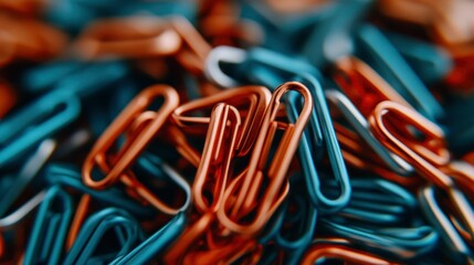 Abstract Close-Up of Intertwined Copper and Teal Paperclips