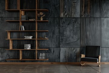Premium Quality Picture of Black Minimalist Office Bookshelf with Wood and Concrete Walls