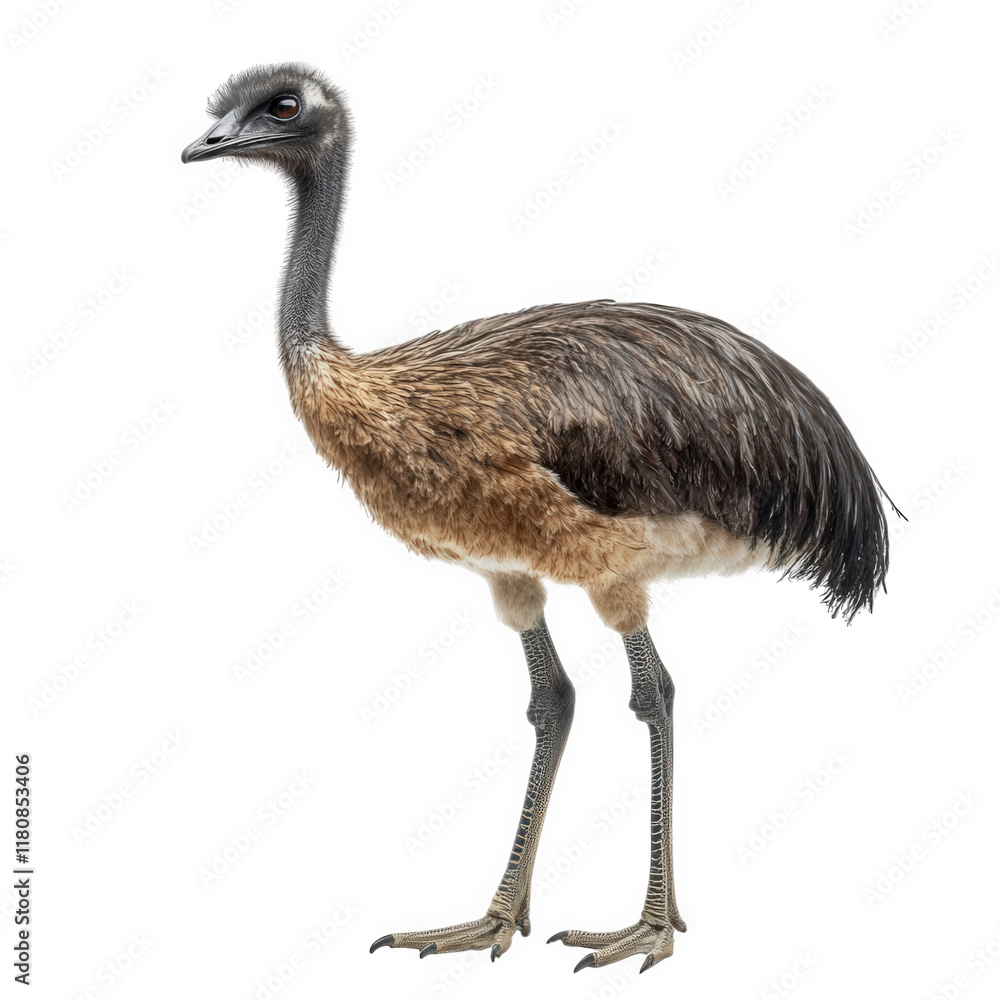 Poster standing emu. showcasing its distinctive long neck. slender legs. and feathers that transition from 