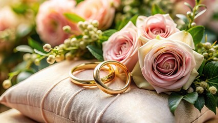 Golden wedding rings placed on a velvet cushion surrounded by lush greenery and delicate pink roses in a romantic indoor setting , romantic decor, blush rose