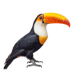Fototapeta premium vibrant toucan with a large. colorful beak and a striking black and orange plumage. showcasing its unique features against a plain white background the purpose is likely to highlight the beauty of wil