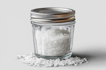 Citric acid granules inside small glass jar on marble table