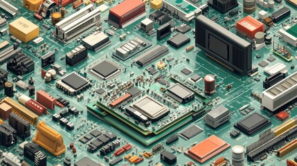 Isometric Circuit Board Components, Tech Background, 3D Render, Design