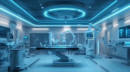 Sterile futuristic medical repair bay for autonomous robotic surgical machines