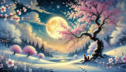 A Fantastical Winter-Spring Nightscape of Snow and Cherry Blossoms Under Golden Moonlight