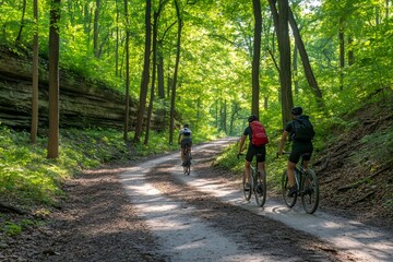 Obraz premium Cyclists riding mountain bikes on trail in lush green forest