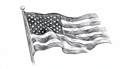 An artistic rendering of the American flag waving in the wind, detailed and textured sketch, black and white 